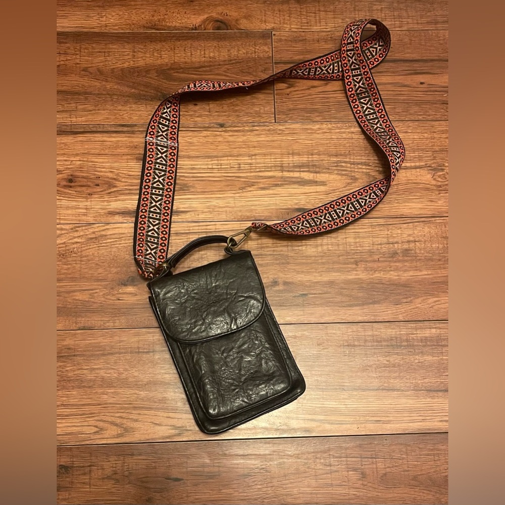 80s Black Leather Crossbody Wallet Purse - Vintage Travel Bag 🧳